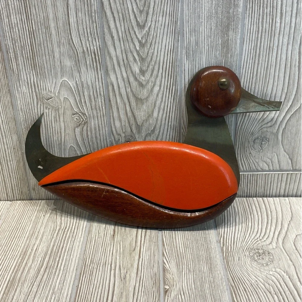 Handmade Vintage Wood and Brass Duck Wall Hanging Mid Century Modern Decor